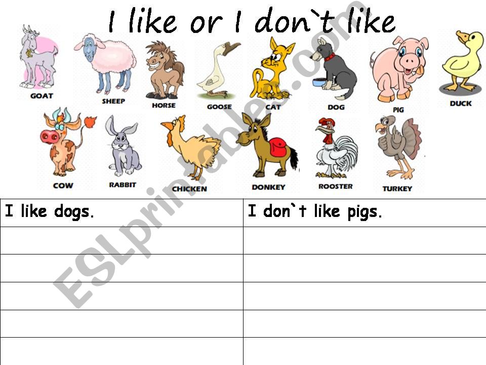 I like and I don`t like (Farm animals)